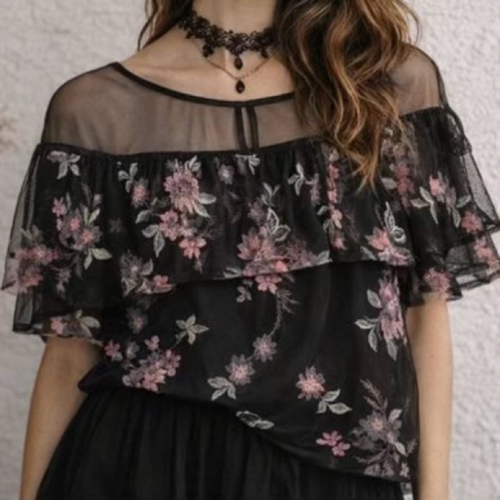 BB Dakota WhimsiGoth, Fairy‎ Grunge Black Embroidered Flowers Sheer Top - Size S